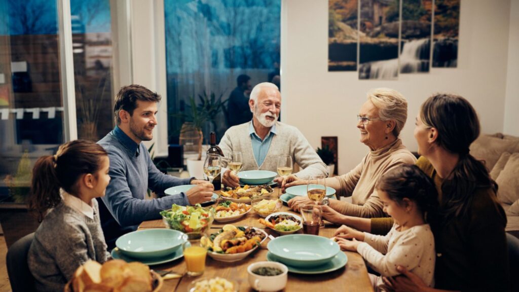 A family gathered around a dinner table